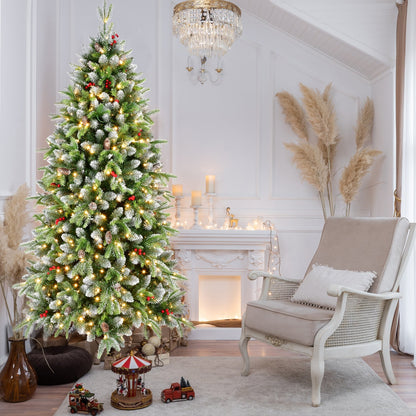6ft pre-lit artificial Christmas tree with 380 warm white LEDs, flocked needles and red berries on Tampa Home & Garden Store