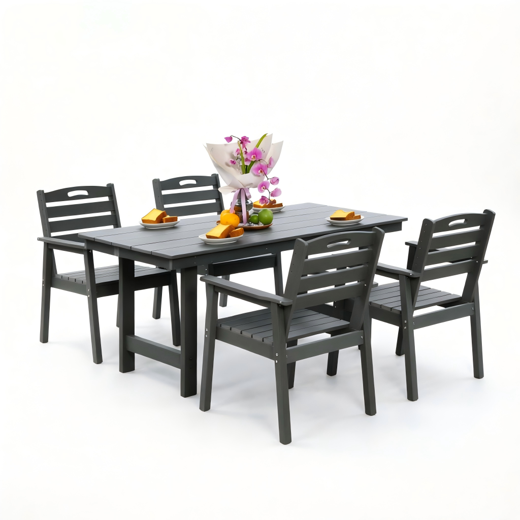 HDPE outdoor patio dining set with table and four chairs in charcoal gray by HouseOfZazla on Tampa Home & Garden Store
