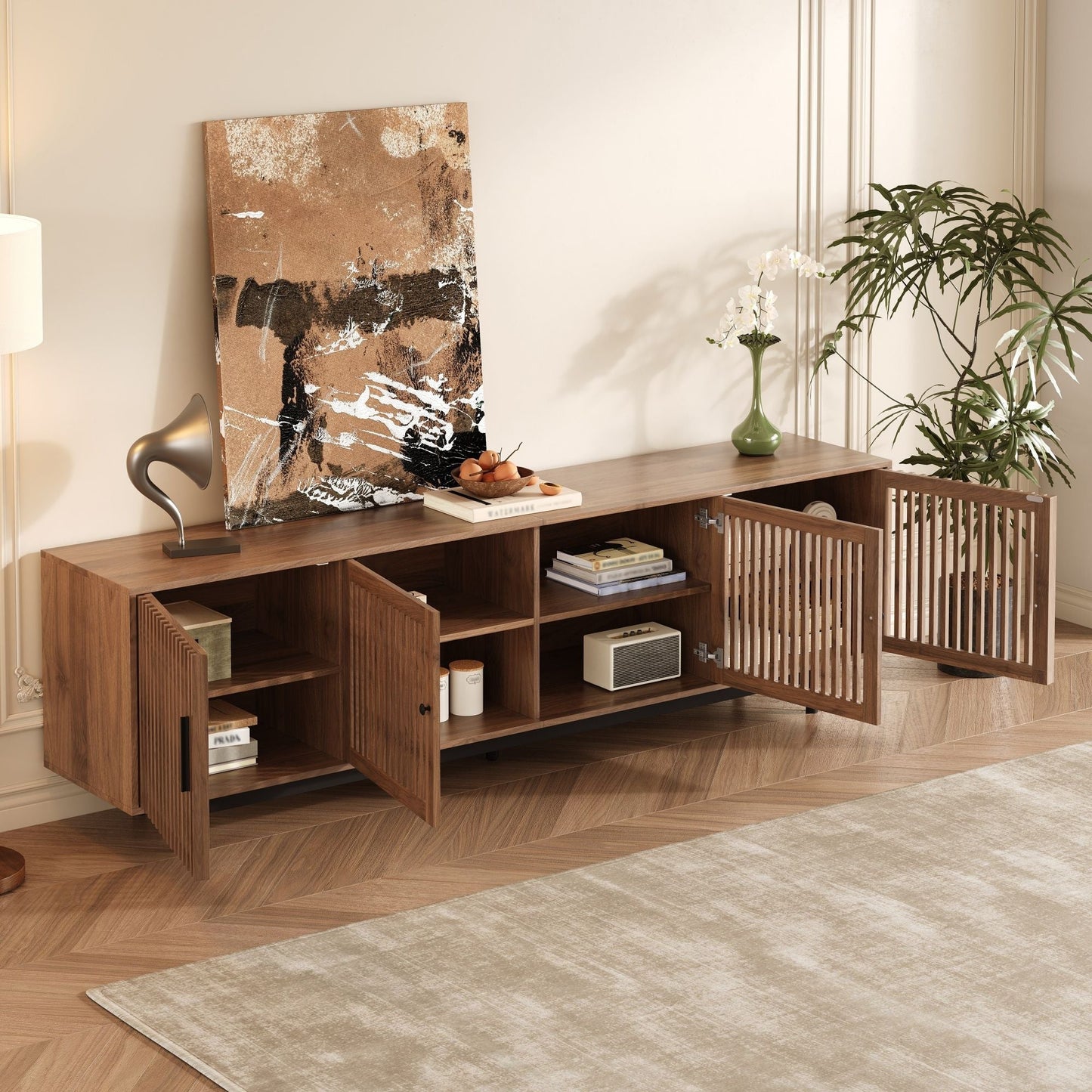 Walnut TV stand by HouseOfZazla with closed storage, cable management, soft closing hinges on Tampa Home & Garden Store