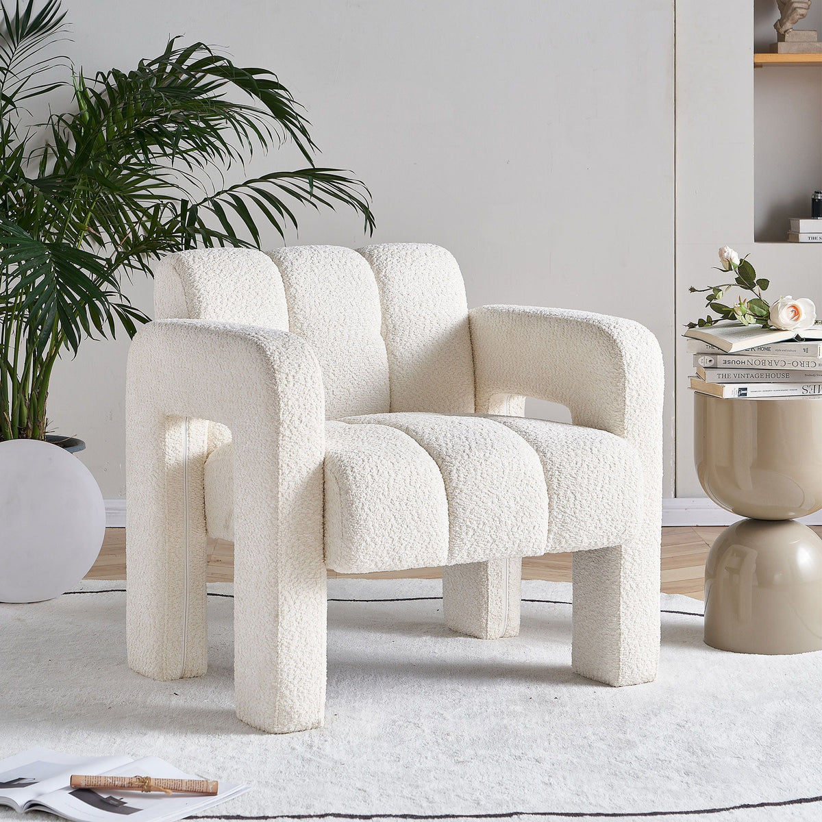 Beige boucle accent chairs with solid wood frames, set of 3, modern living room on Tampa Home & Garden Store