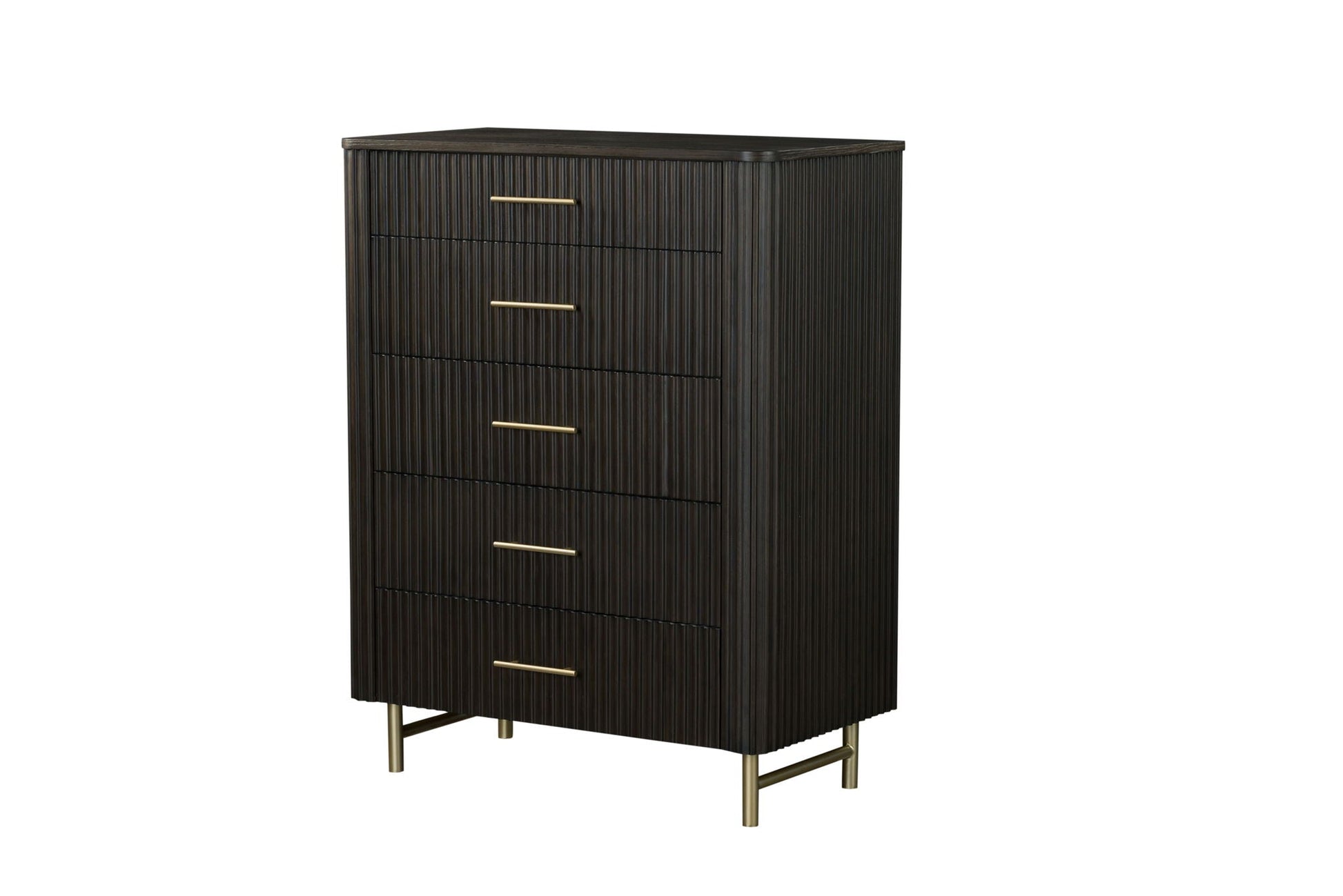 Clayten Espresso accent chest by HouseOfZazla with ribbed panels, gold handles, brass legs on Tampa Home & Garden Store