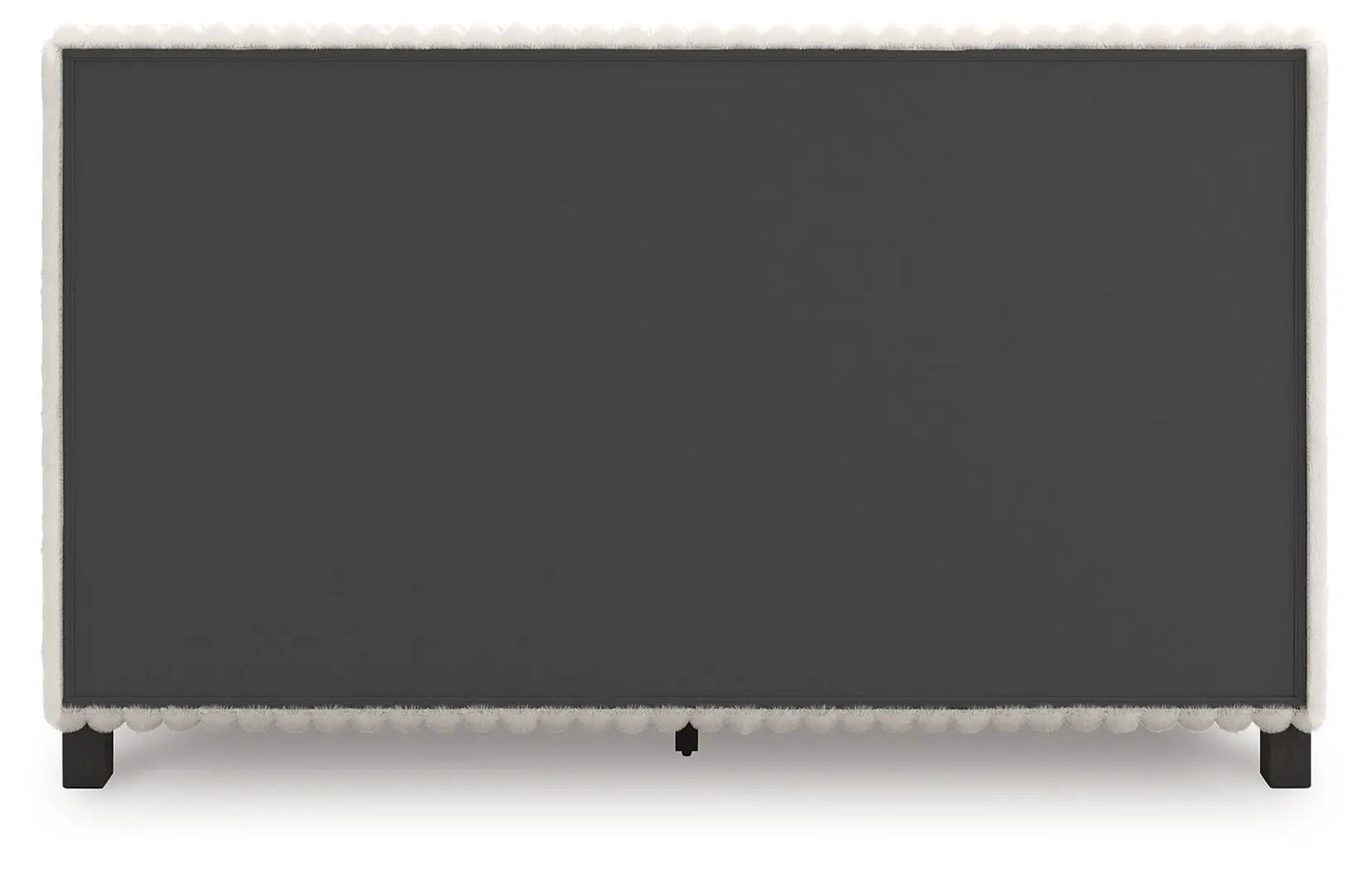 Zuraleus upholstered bed in charcoal gray fabric with white faux fur trim and wood legs on Tampa Home & Garden Store