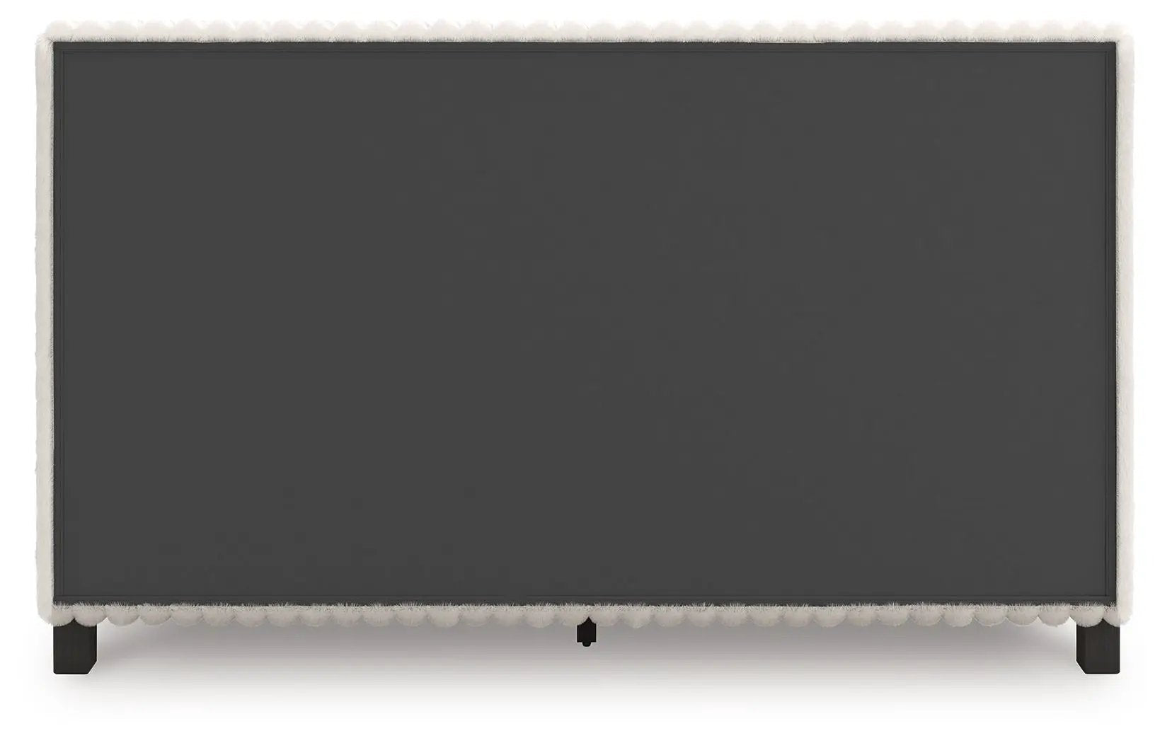 Zuraleus upholstered bed in charcoal gray fabric with white faux fur trim and wood legs on Tampa Home & Garden Store