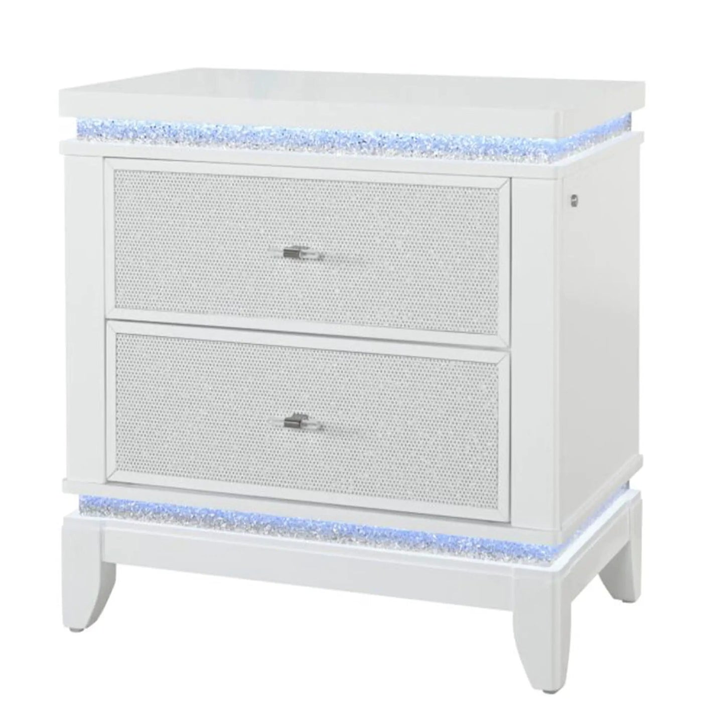 Adalid white nightstand with glittered drawer front and blue LED lighting accents on Tampa Home & Garden Store