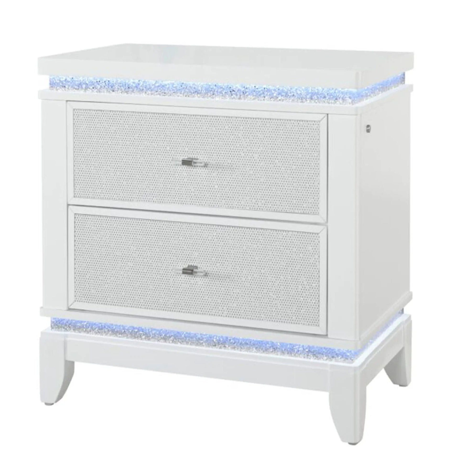 Adalid white nightstand with glittered drawer front and blue LED lighting accents on Tampa Home & Garden Store