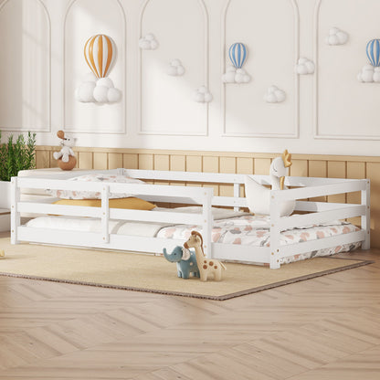 Twin size Montessori floor bed with fence pair in white by HouseOfZazla panel beds on Tampa Home & Garden Store