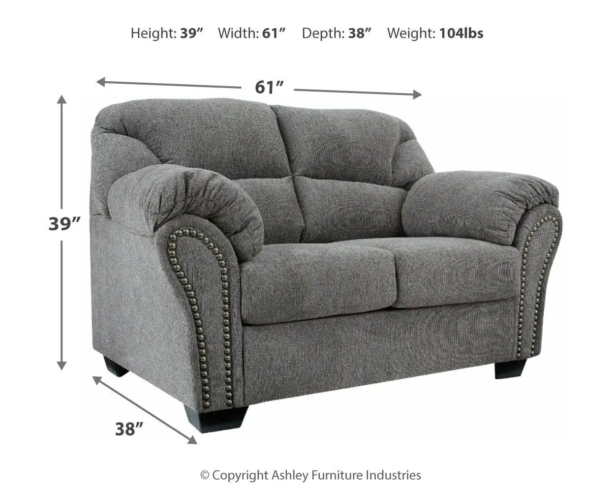 Allmaxx living room set stationary loveseat in grey fabric with nailhead trim, 61w x 39h x 38d on Tampa Home & Garden Store