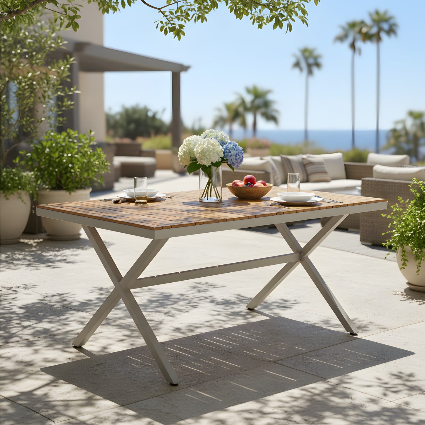 Solid Teak Outdoor Dining Table with Steel Frame