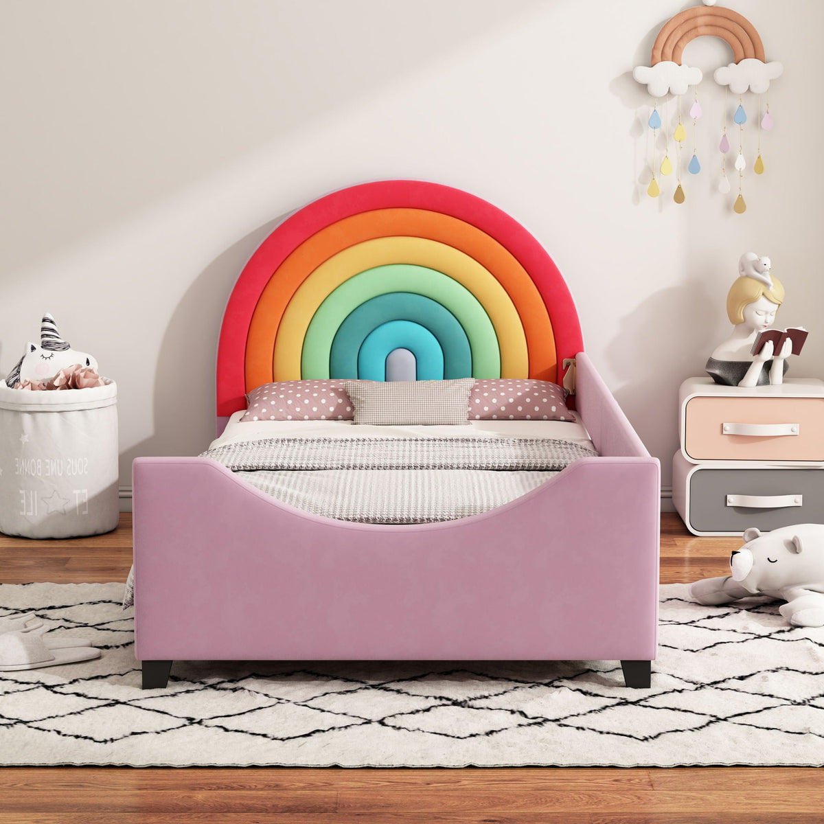 Rainbow upholstered twin daybed with pink low-profile frame and rainbow arch headboard on Tampa Home & Garden Store