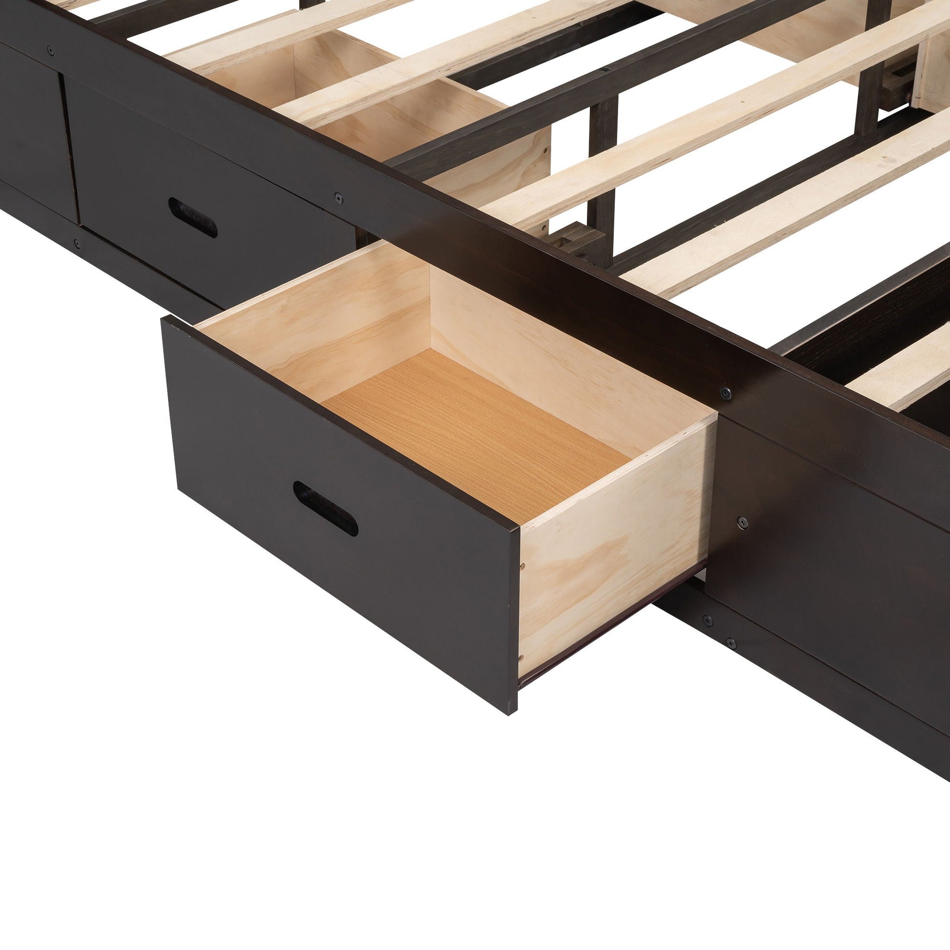 Platform bed with storage headboard, shoe rack and 4 drawers in frame with light wood slats on Tampa Home & Garden Store