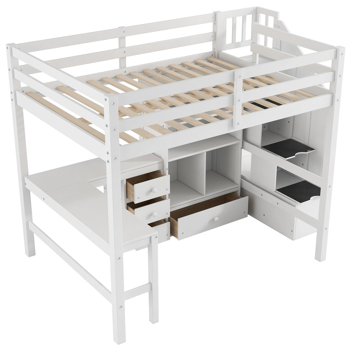 Loft bed with integrated L-shaped desk, white finish, drawers and storage staircase HouseOfZazla on Tampa Home & Garden Store