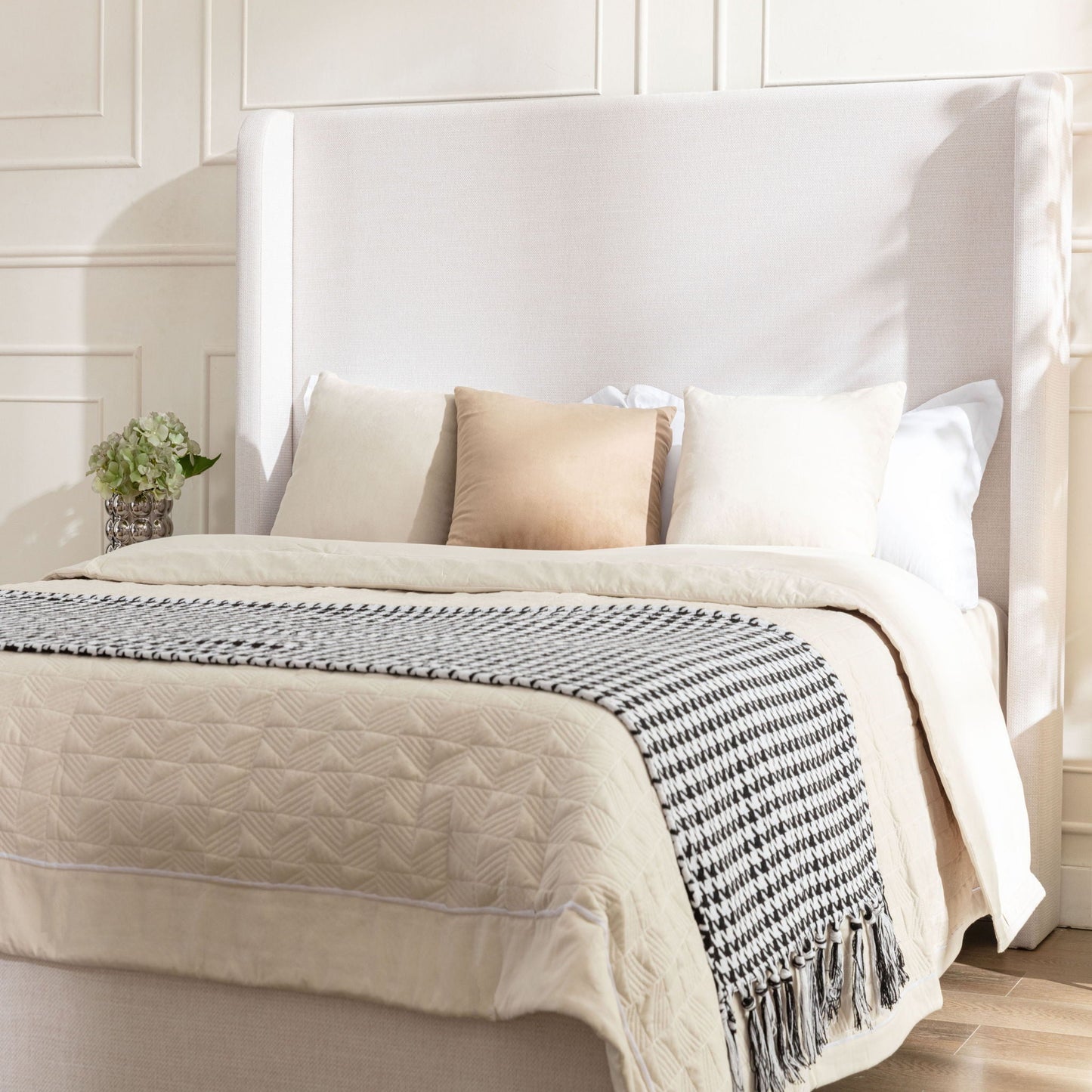 Harper tall headboard upholstered bed by HouseOfZazla in beige fabric with neutral bedding on Tampa Home & Garden Store