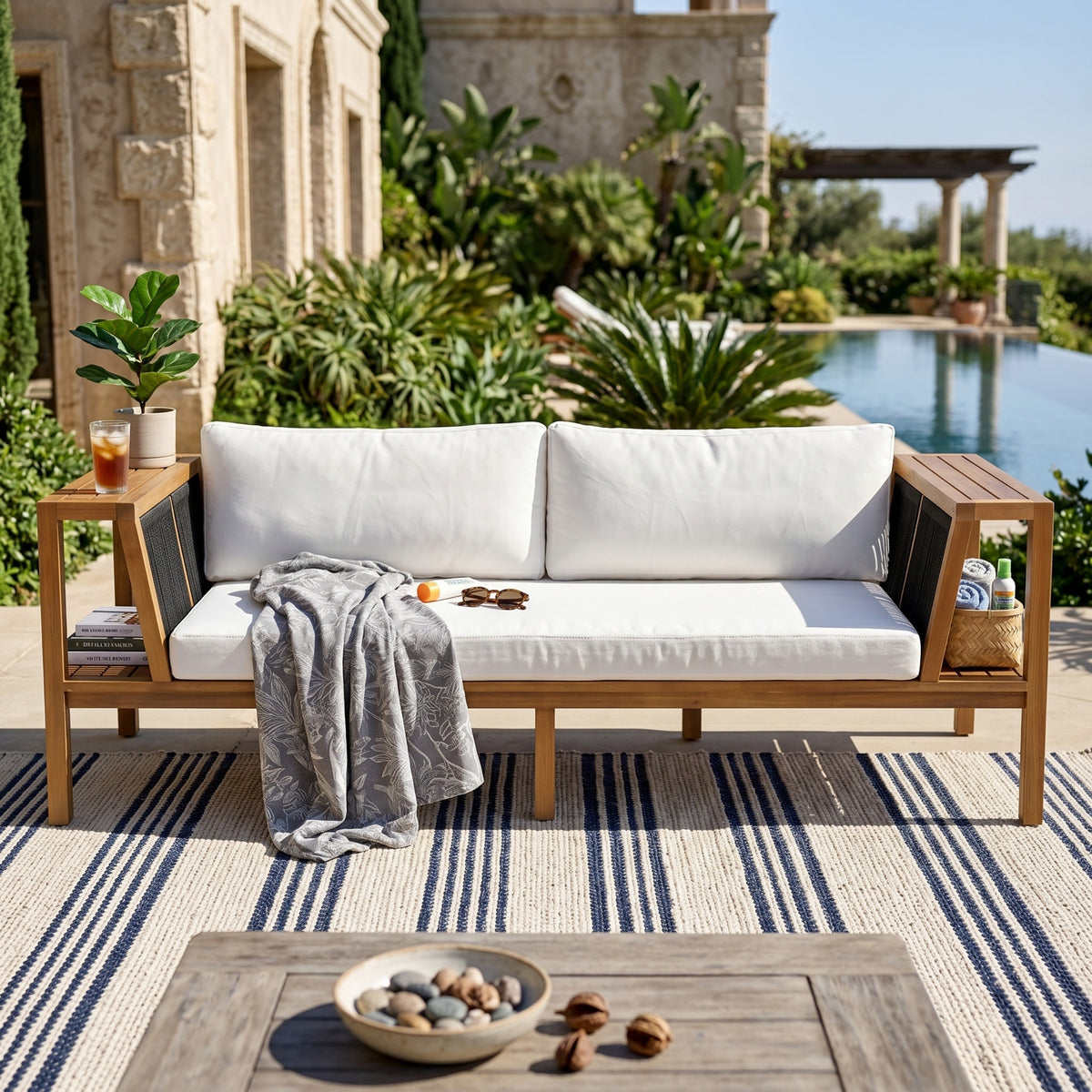 Teak finish acacia wood outdoor daybed sofa set with white cushions, includes 2 side tables on Tampa Home & Garden Store