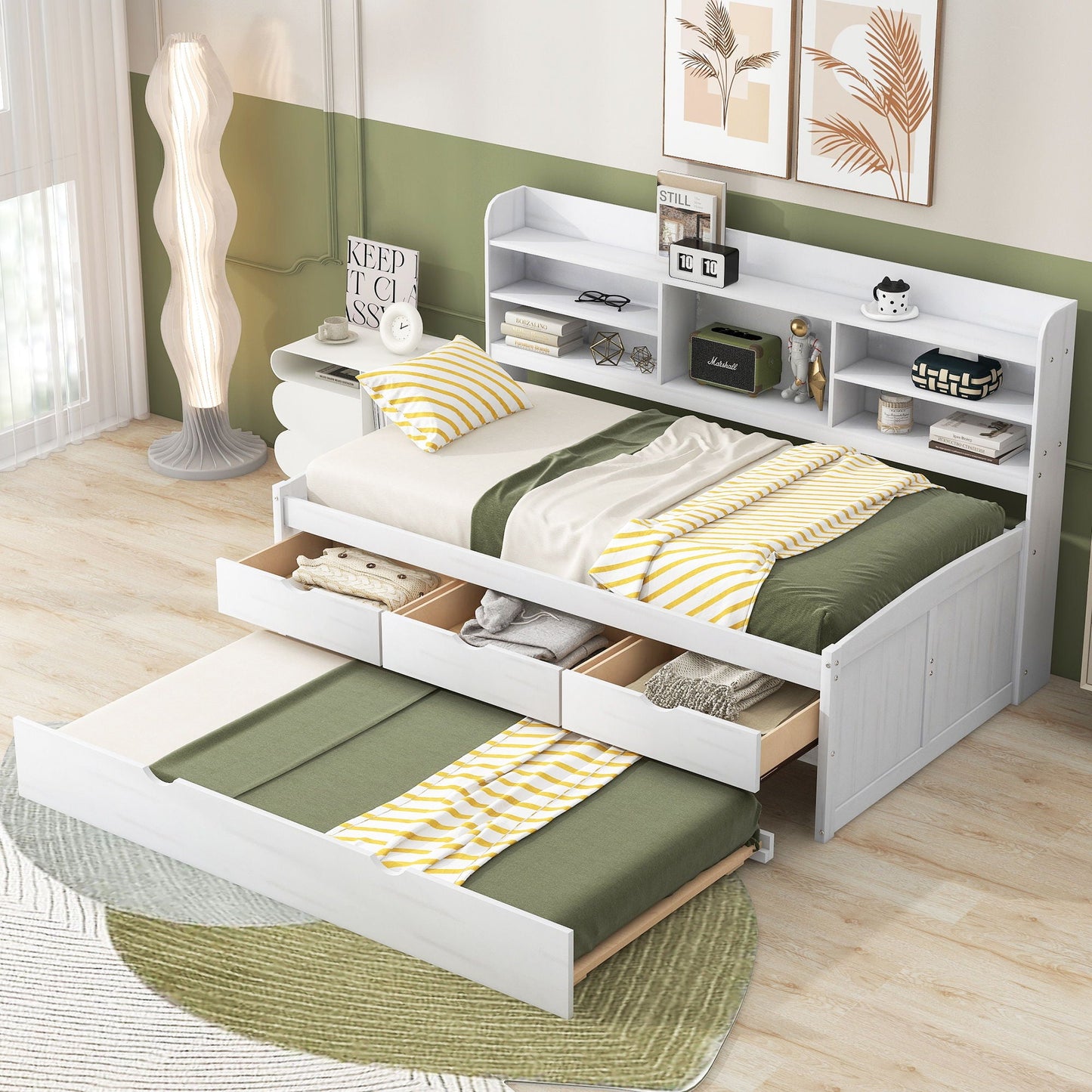 Captain Bed with built-in bookshelves and trundle, white wood finish, 3 storage drawers on Tampa Home & Garden Store