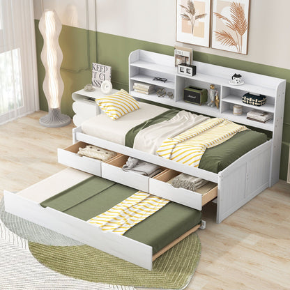 Captain Bed with built-in bookshelves and trundle, white wood finish, 3 storage drawers on Tampa Home & Garden Store