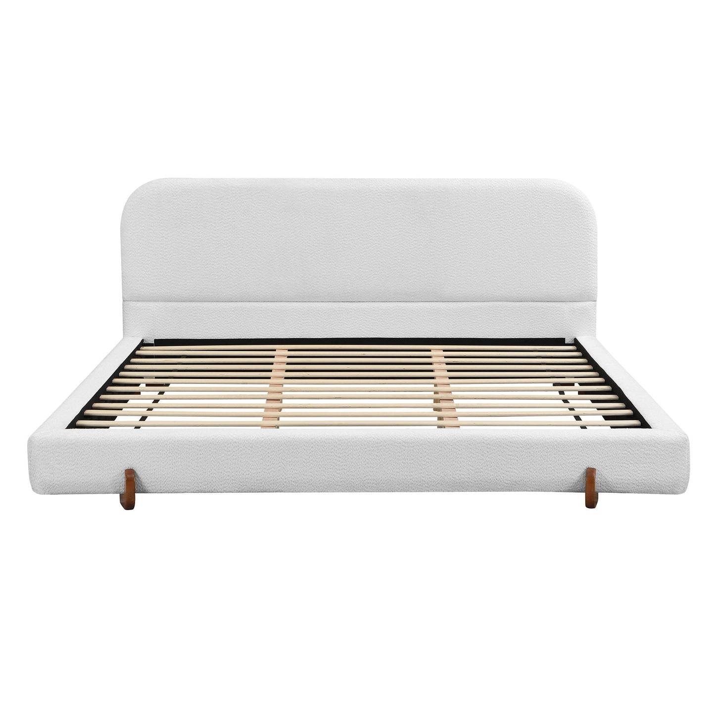 Elegant Upholstered Bed Frame with white curved headboard and wooden legs on Tampa Home & Garden Store