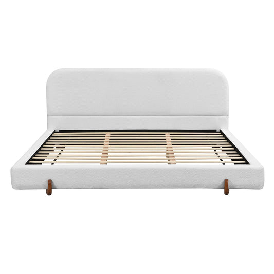 Elegant Upholstered Bed Frame with white curved headboard and wooden legs on Tampa Home & Garden Store