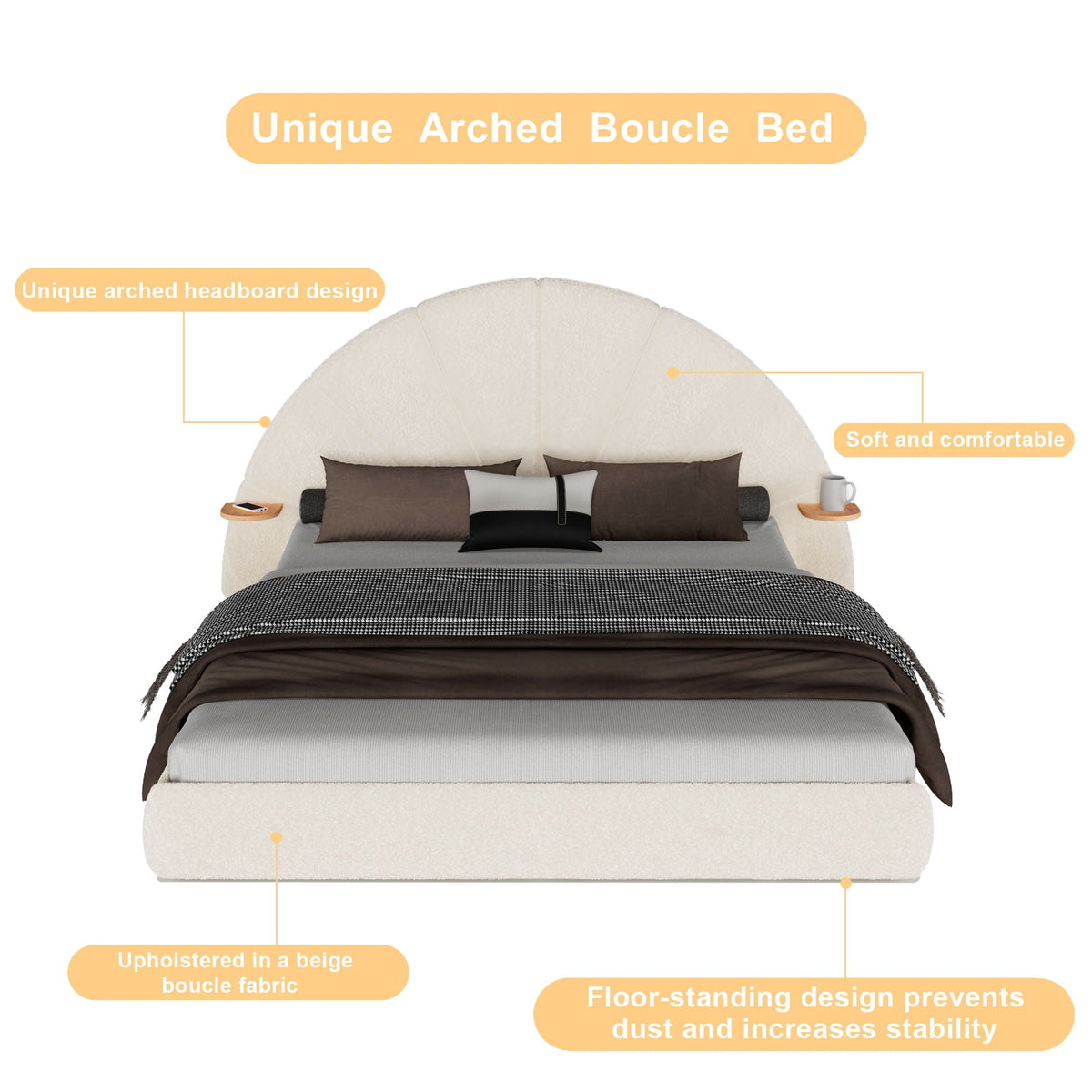 Queen arched bed with beige boucle fabric and small table, floor-standing HouseOfZazla on Tampa Home & Garden Store