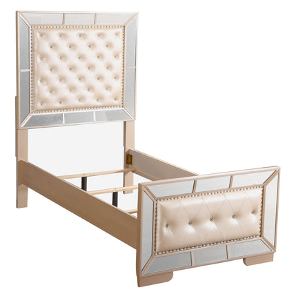 Panel bed with tufted beige upholstery and mirrored frame, glam contemporary design HouseOfZazla on Tampa Home & Garden Store