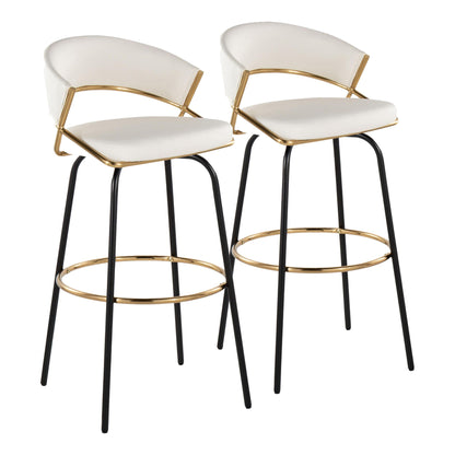 Pair of white upholstered barstools with brass gold frame and circular footrests on black legs on Tampa Home & Garden Store