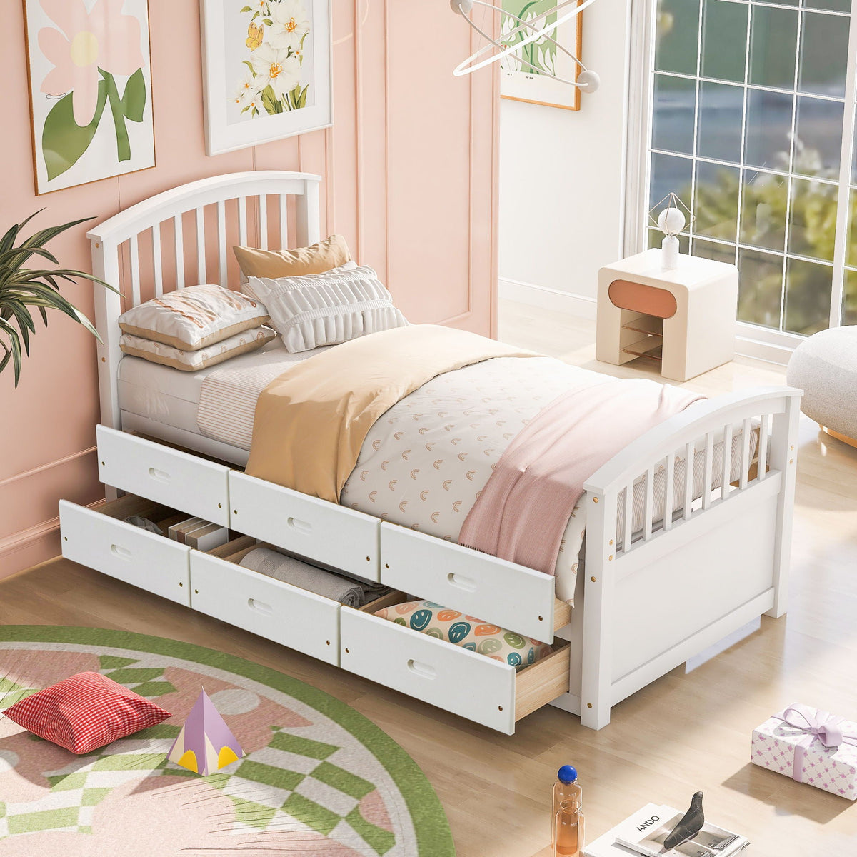 Platform storage bed with six under-bed drawers, white finish in pastel pink room on Tampa Home & Garden Store