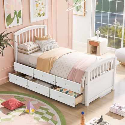 Platform storage bed with six under-bed drawers, white finish in pastel pink room on Tampa Home & Garden Store