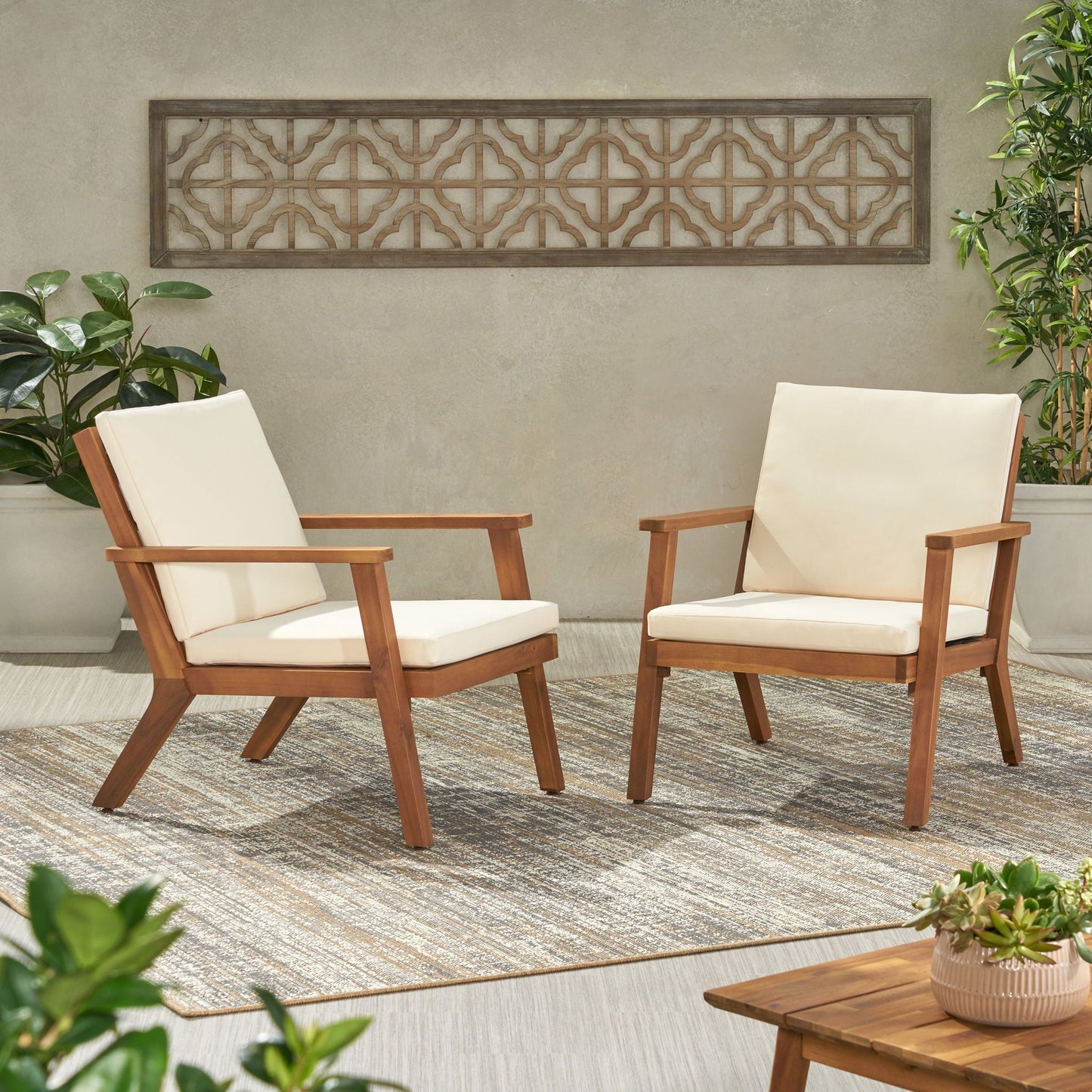 Pair of Outdoor Club Chairs With Cushions, natural wood frames and beige cushions, HouseOfZazla on Tampa Home & Garden Store