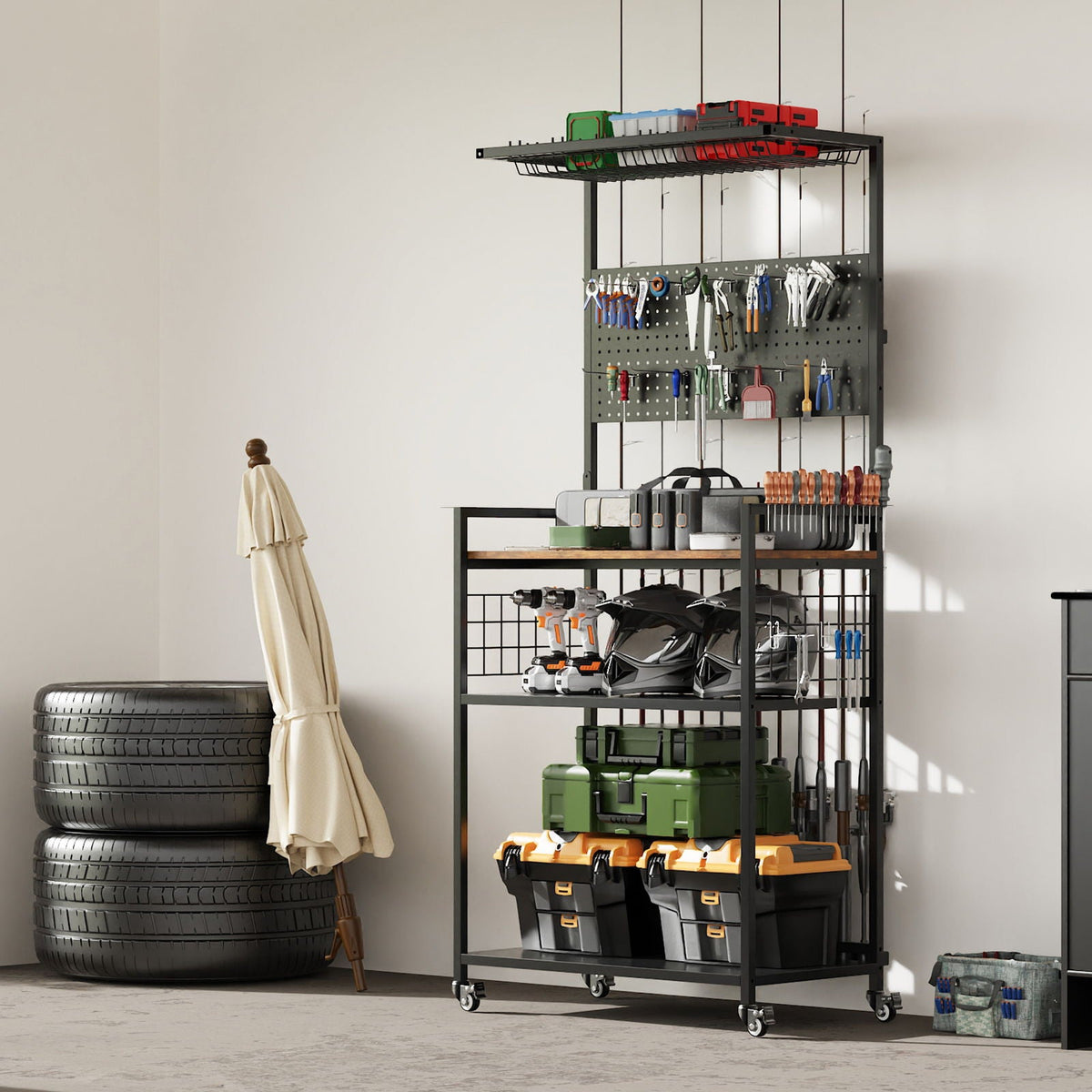 Fishing Rod Storage Rack with Pegboard and Cart by HouseOfZazla, black steel rolling cart on Tampa Home & Garden Store