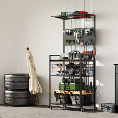 Fishing Rod Storage Rack with Pegboard and Cart by HouseOfZazla, black steel rolling cart on Tampa Home & Garden Store