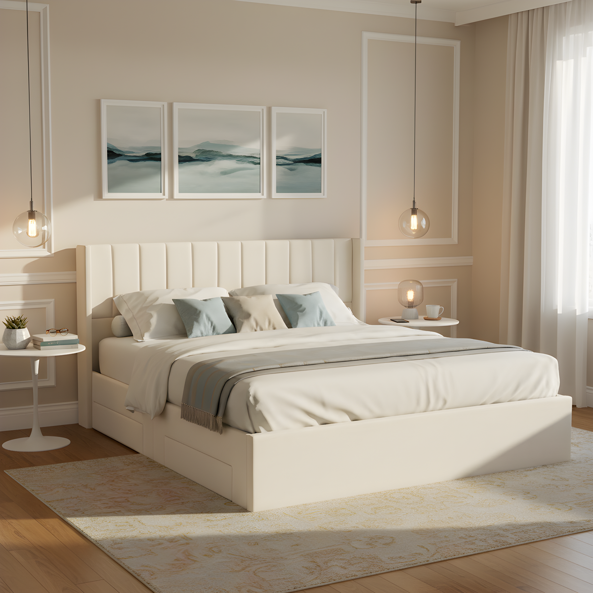 Large-capacity upholstered storage bed with drawers in white fabric, padded headboard on Tampa Home & Garden Store