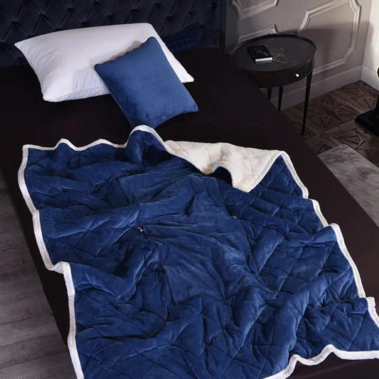 2-in-1 flannel cushion blanket navy blue with white reverse, quilted for car and sofa on Tampa Home & Garden Store
