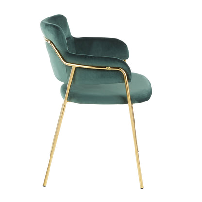 Contemporary padded chair in dark green velvet with gold metal frame on Tampa Home & Garden Store