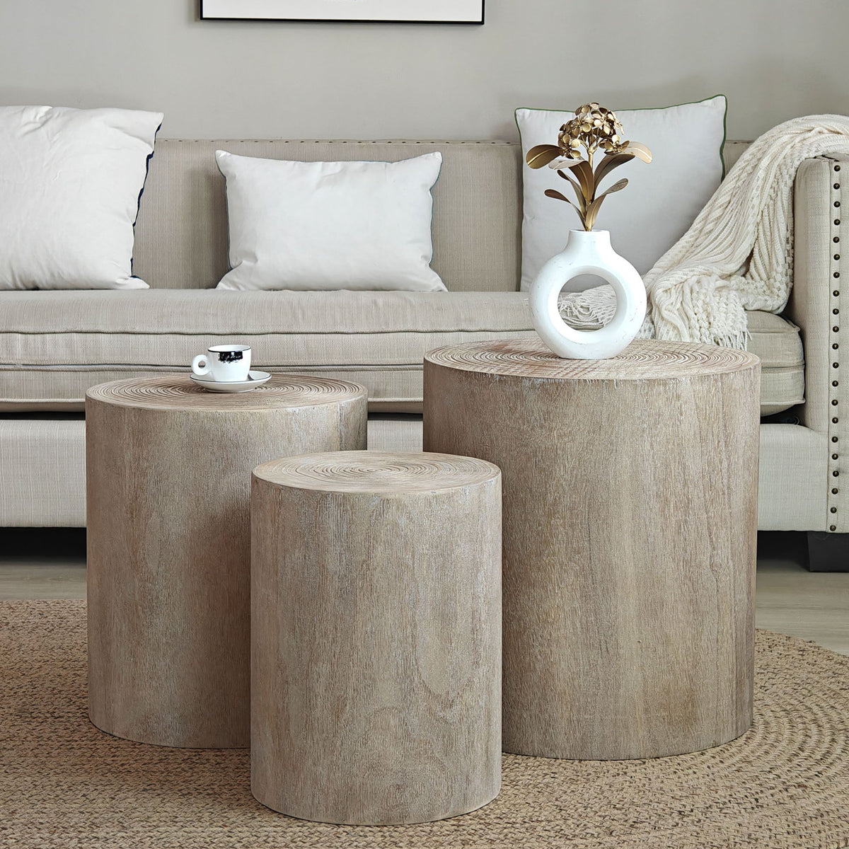 Cylinder Nesting Tables set of 3 dark brown engineered wood by HouseOfZazla in living room on Tampa Home & Garden Store
