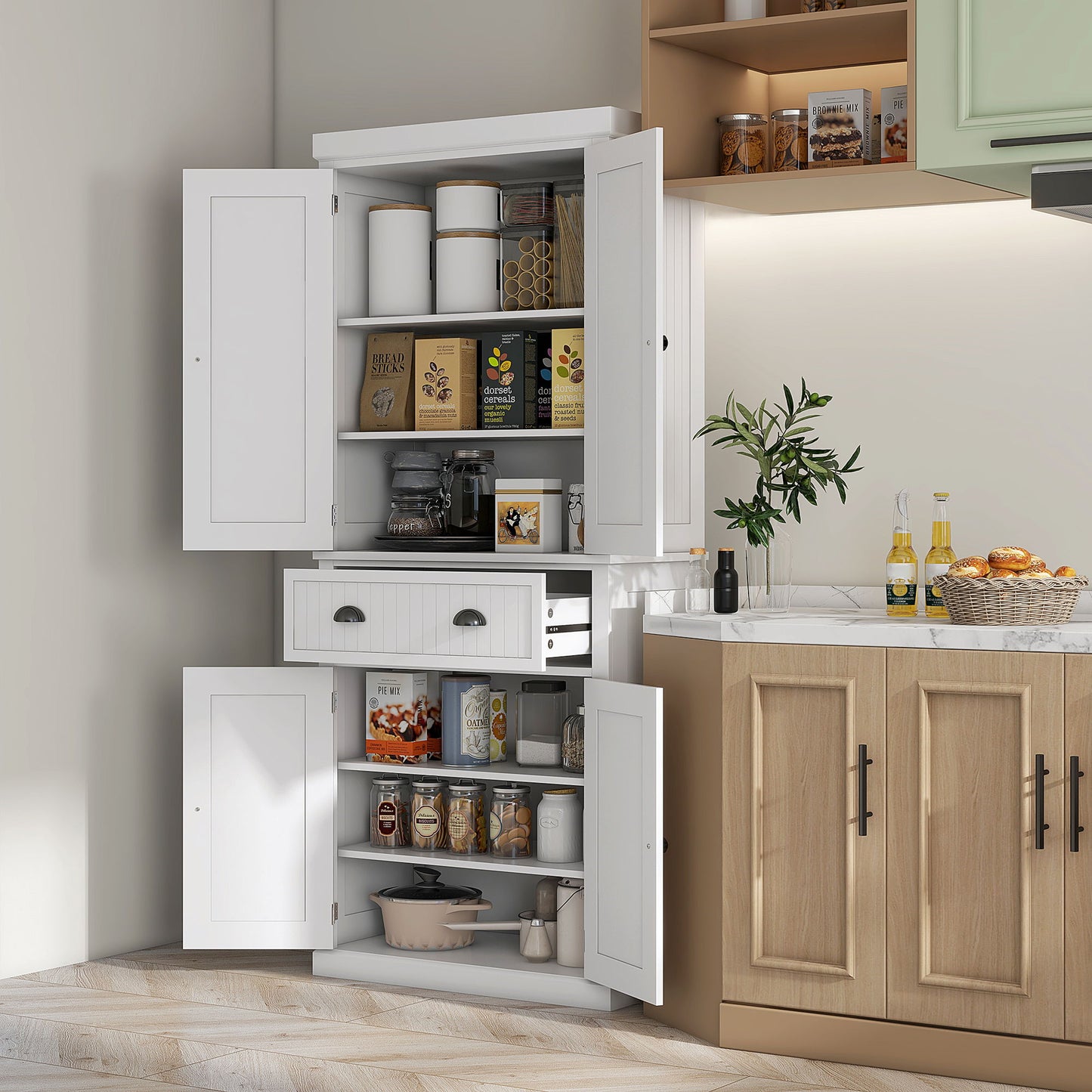 Freestanding White Kitchen Pantry and Cabinet
