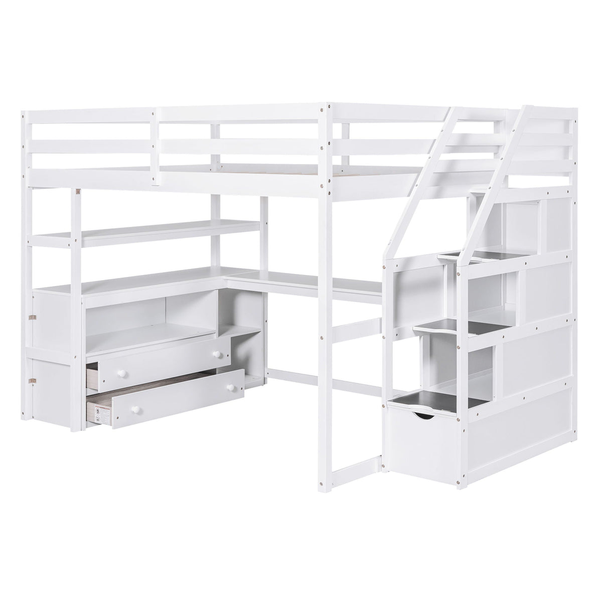 Loft bed with desk and built in shelves in white wood with 2 drawers and storage staircase on Tampa Home & Garden Store