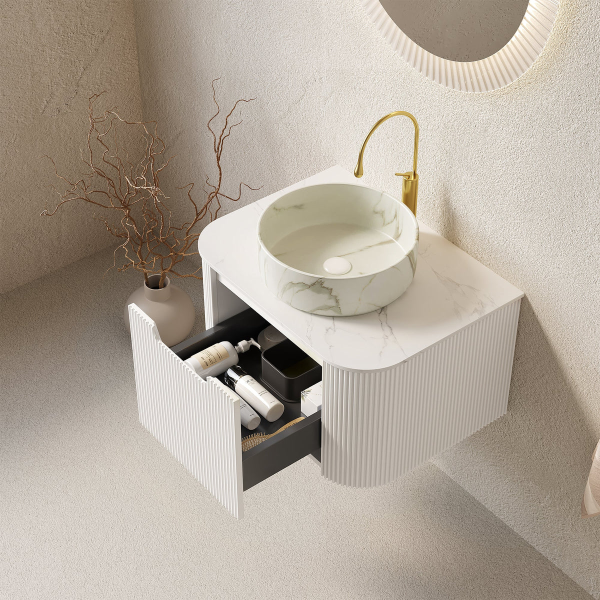 Dina 24 in vanity with ceramic basin by HouseOfZazla, marble countertop, gold faucet on Tampa Home & Garden Store