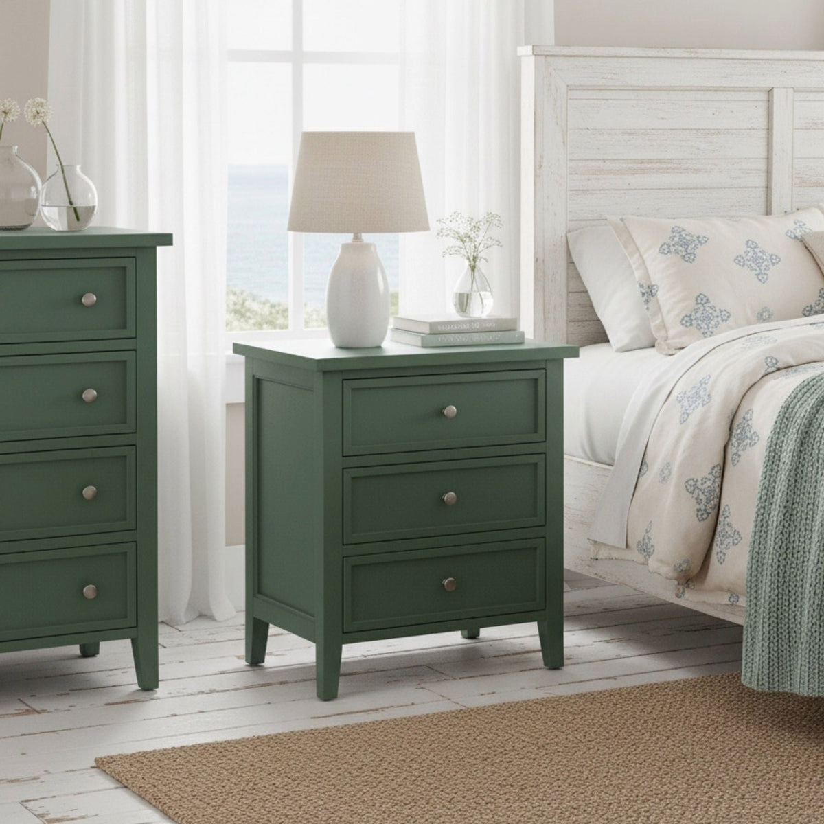 Two 3-Drawer Nightstands by HouseOfZazla in dark green with metal knobs in a coastal bedroom on Tampa Home & Garden Store