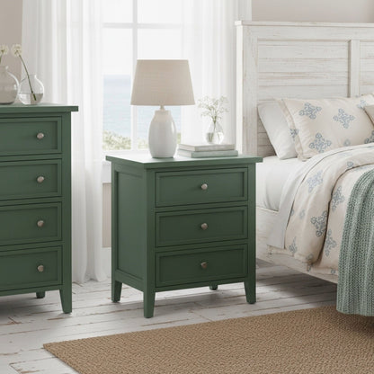 Two 3-Drawer Nightstands by HouseOfZazla in dark green with metal knobs in a coastal bedroom on Tampa Home & Garden Store