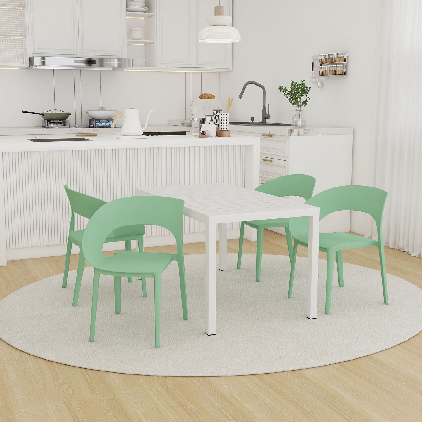 4 Piece Set Of Modern Designed Single Chairs With Long Table mint-green chairs around a white table in a bright kitchen HouseOfZazla on Tampa Home & Garden Store