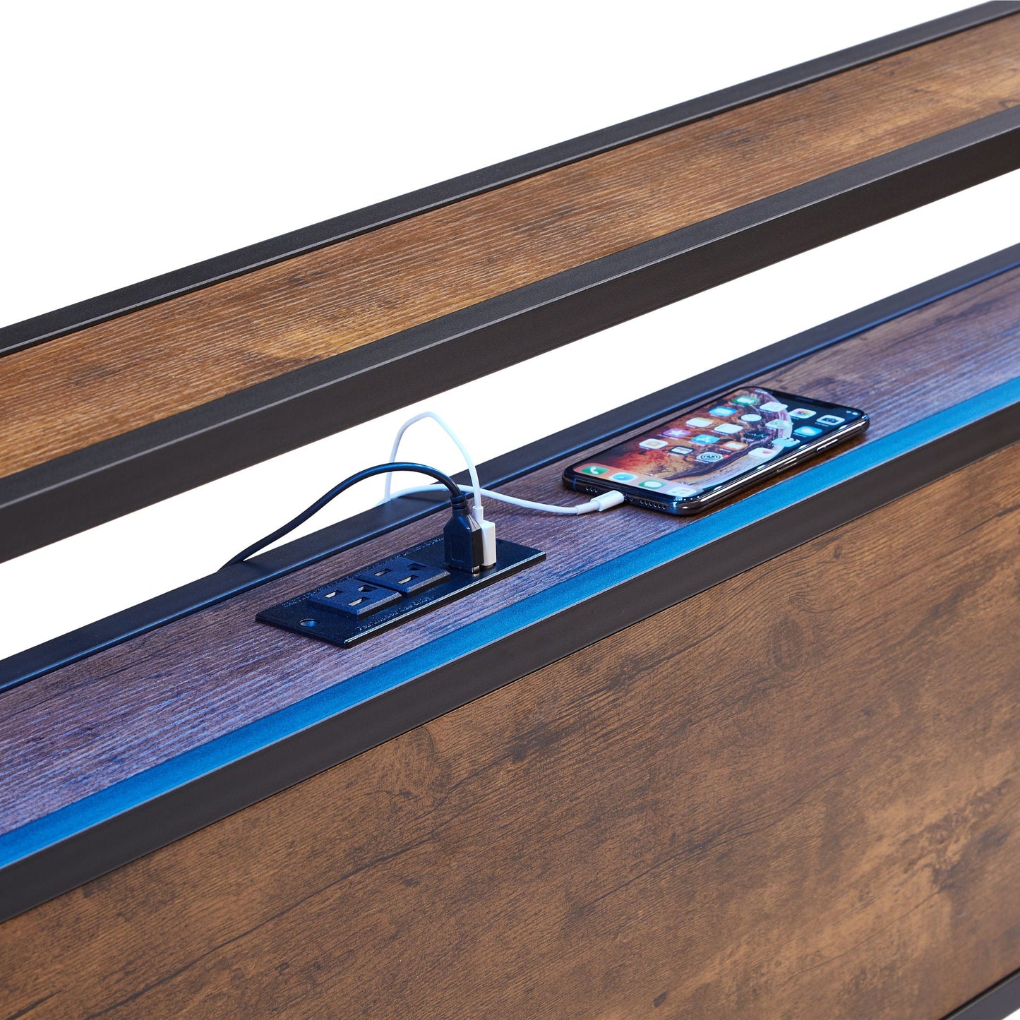 Metal platform bed frame with wood-grain top and black rails; phone and charger on surface on Tampa Home & Garden Store