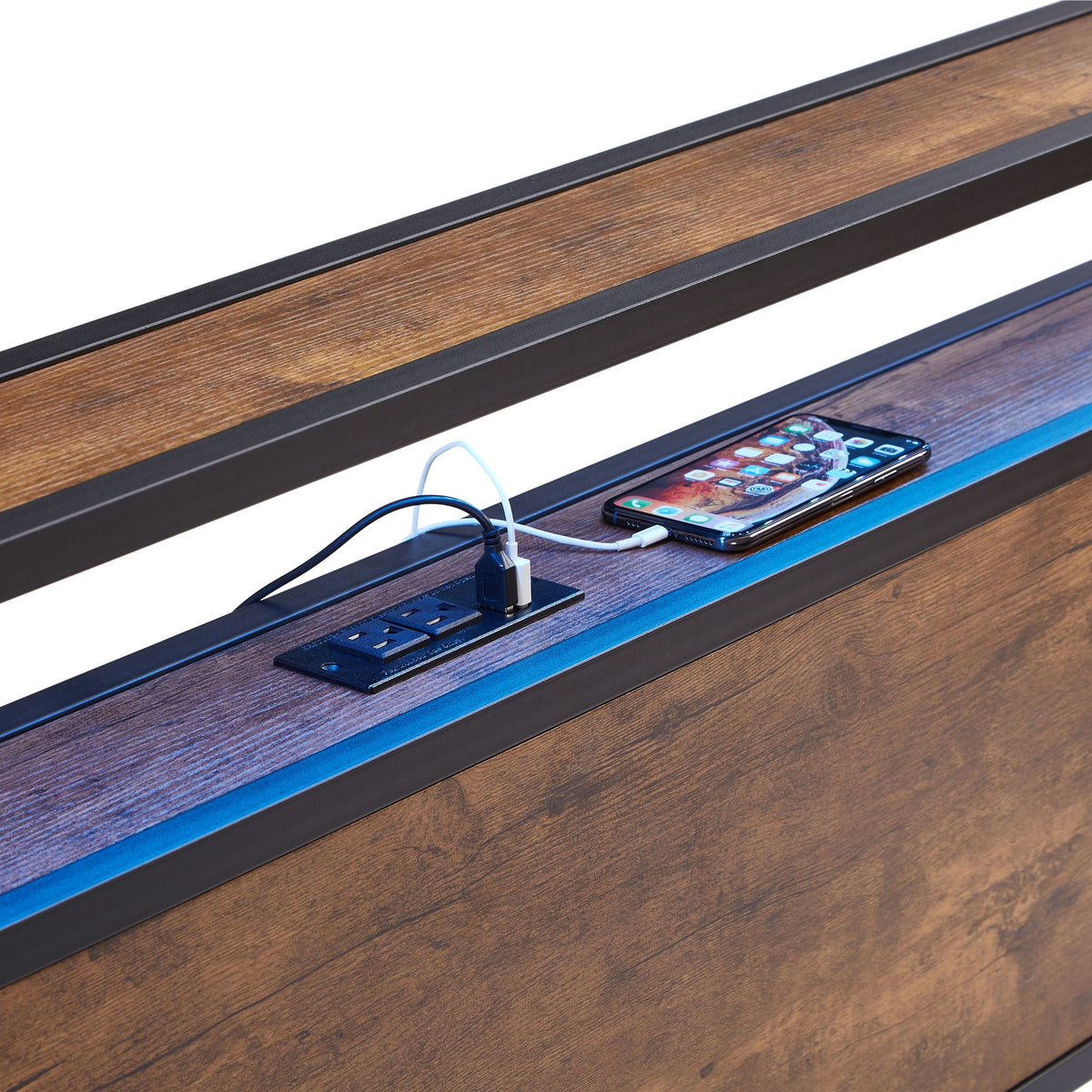 Metal platform bed frame with wood-grain top and black rails; phone and charger on surface on Tampa Home & Garden Store