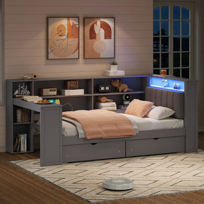 HouseOfZazla platform bed with upholstered headboard, built-in desk and storage drawers on Tampa Home & Garden Store