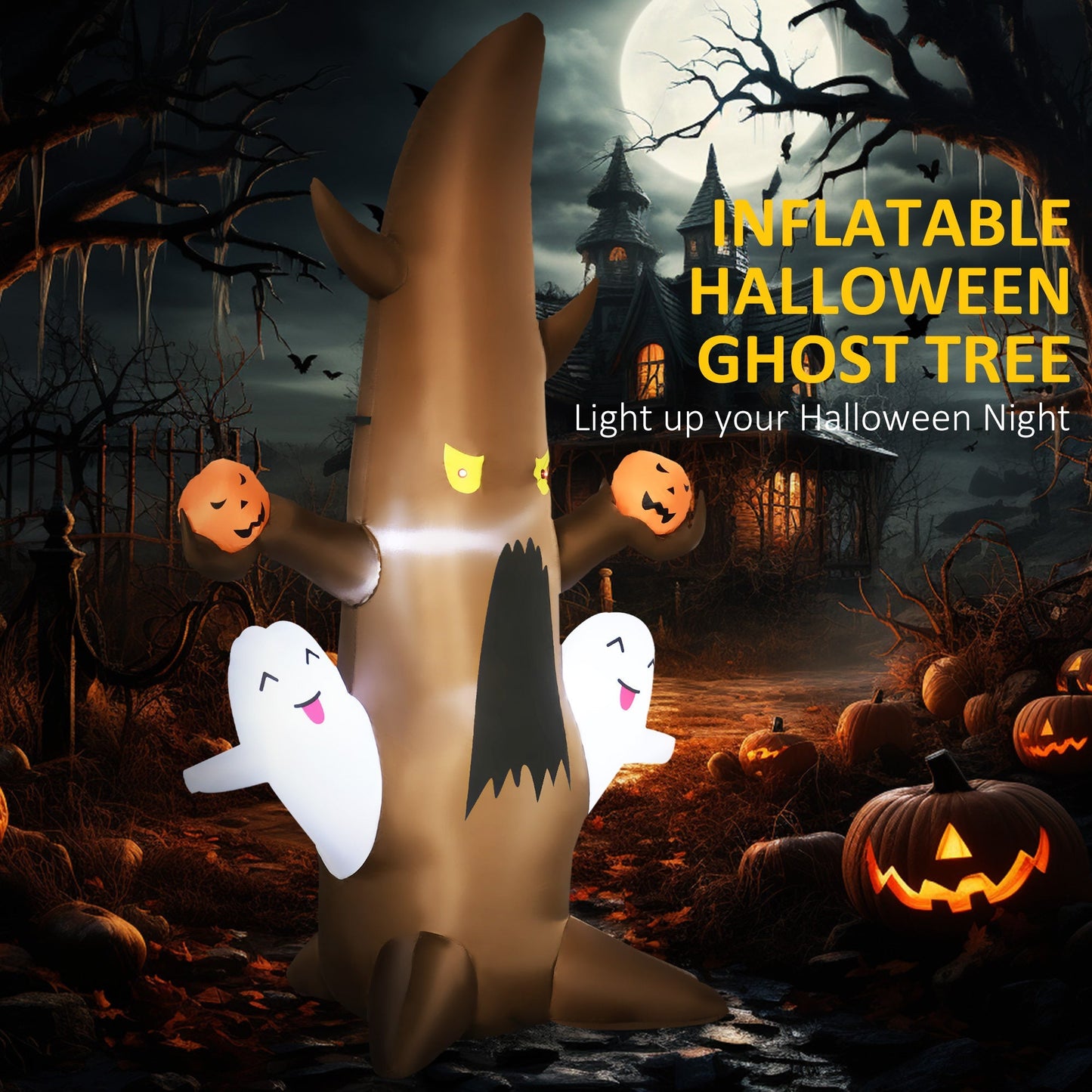 5ft inflatable Halloween ghost tree with white ghosts and pumpkins against a night scene on Tampa Home & Garden Store