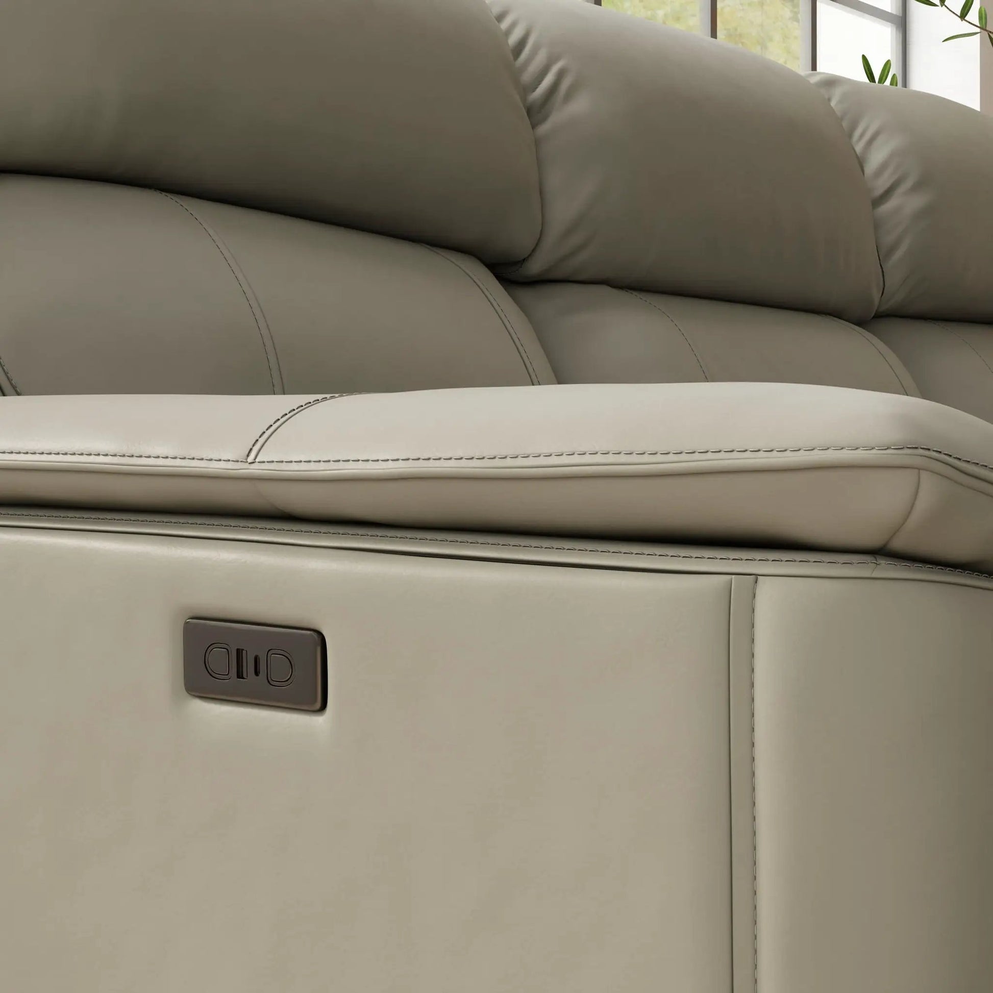 Oslo Dual Power Reclining Sofa tan leather upholstery with plush cushions and exposed stitching on Tampa Home & Garden Store