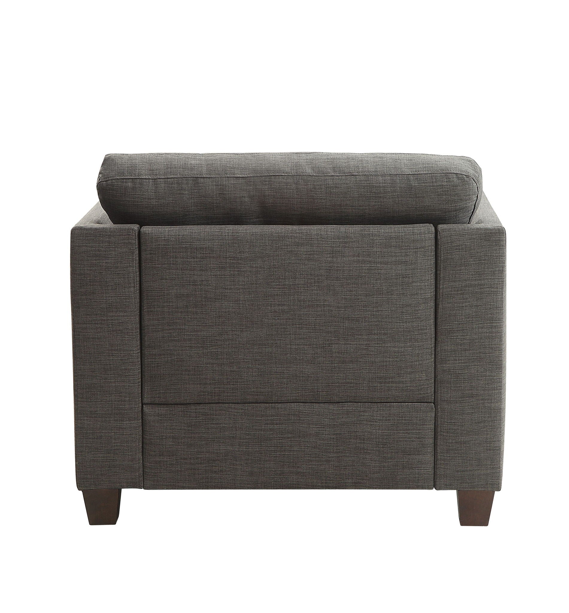 Laurissa Armchair with 3 pillows in light charcoal fabric, dark wood legs on Tampa Home & Garden Store