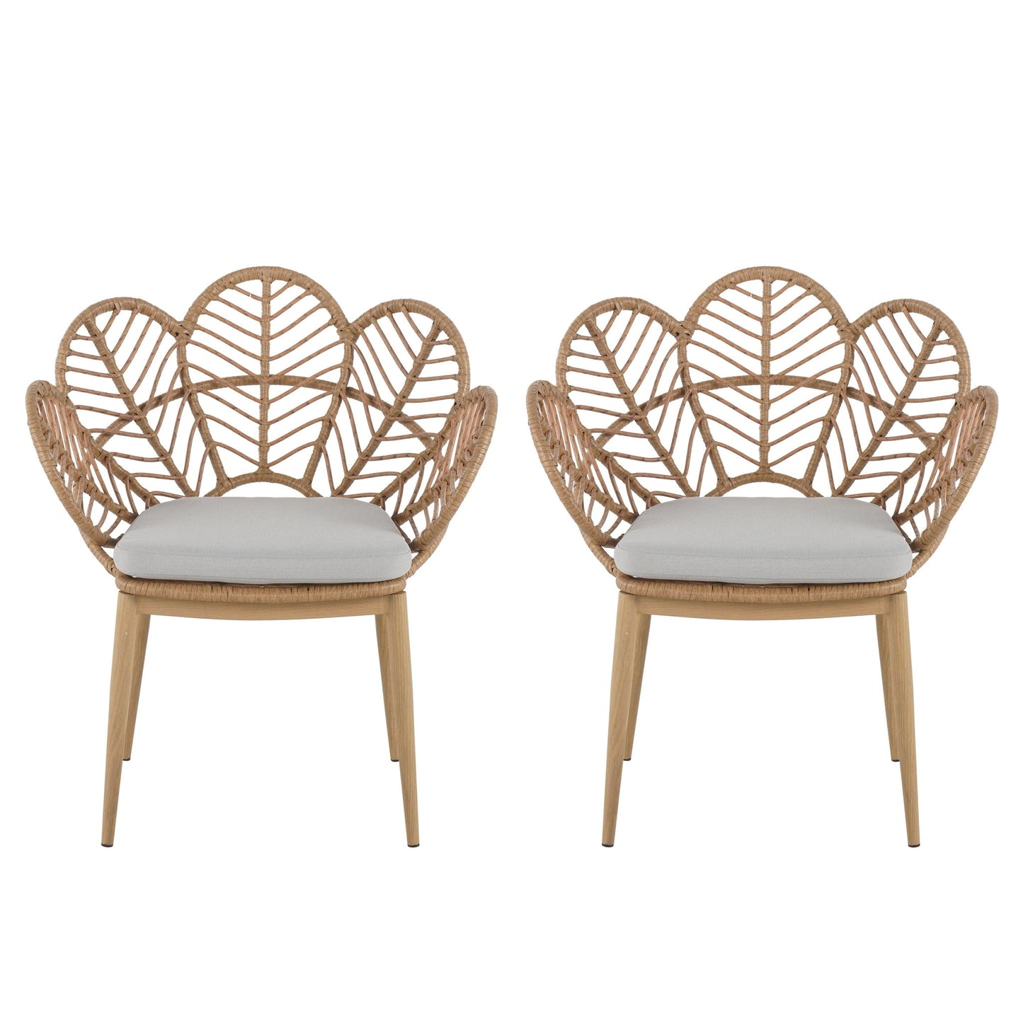 Kirk outdoor wicker papasan chairs set of 2 with peacock-shaped backs and gray cushions on Tampa Home & Garden Store