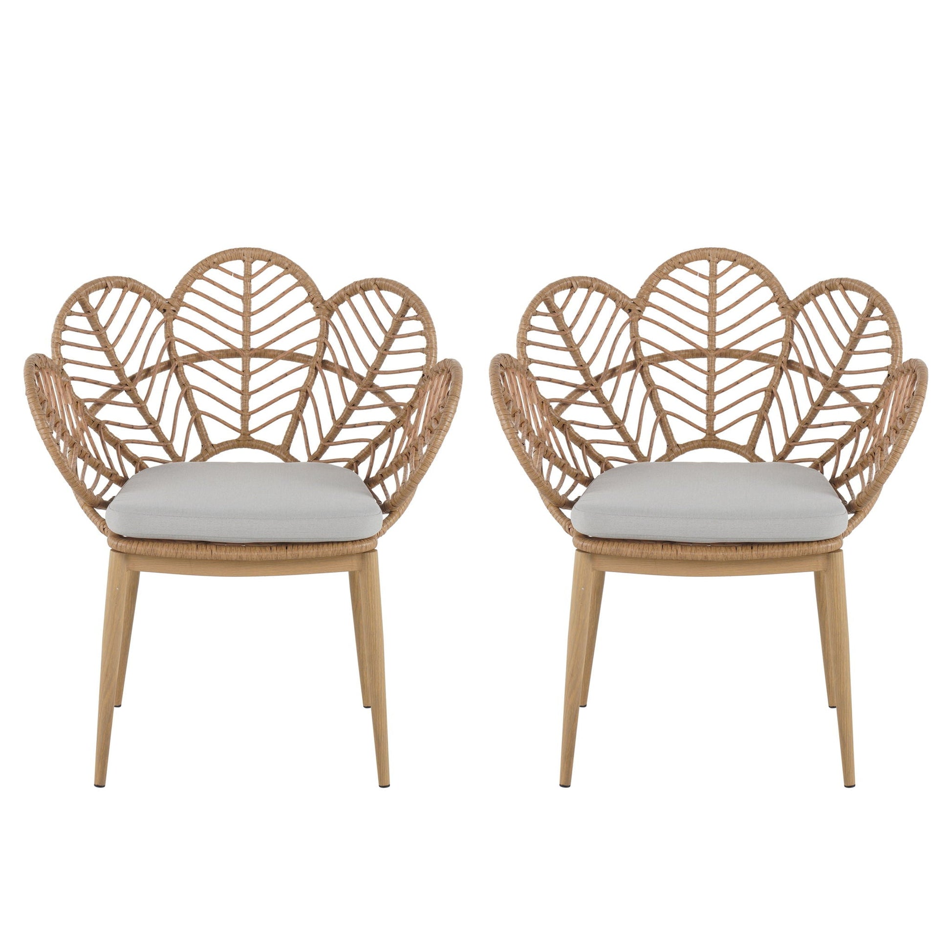 Kirk outdoor wicker papasan chairs set of 2 with peacock-shaped backs and gray cushions on Tampa Home & Garden Store