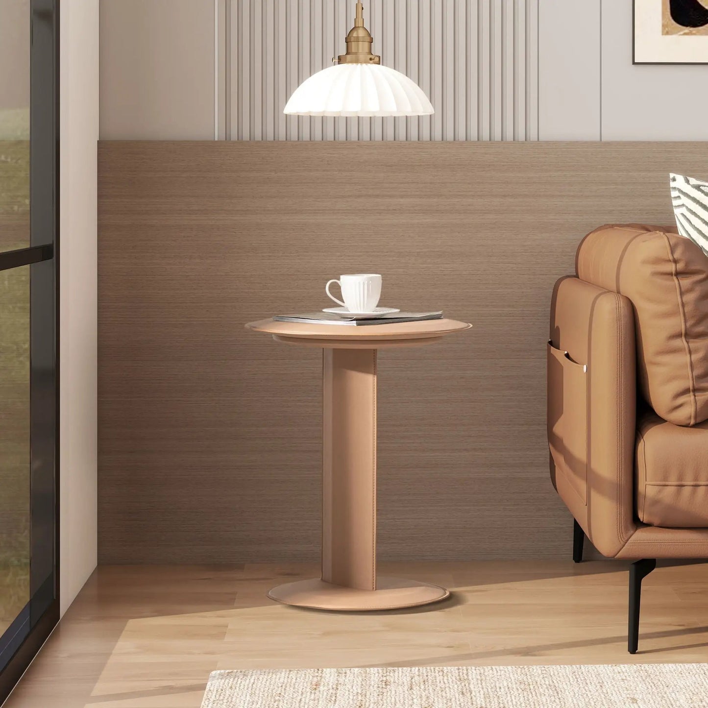 Mode leatherette round saddle brown sofa side table on pedestal base with coffee mug on Tampa Home & Garden Store