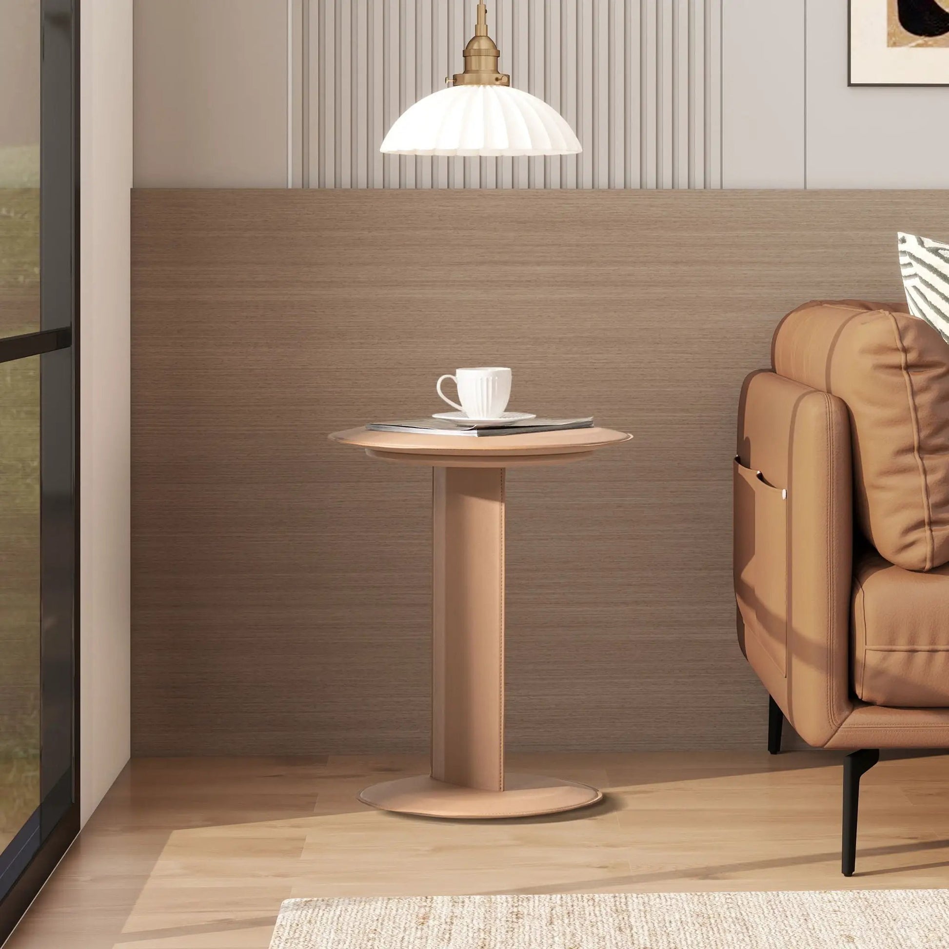 Mode leatherette round saddle brown sofa side table on pedestal base with coffee mug on Tampa Home & Garden Store