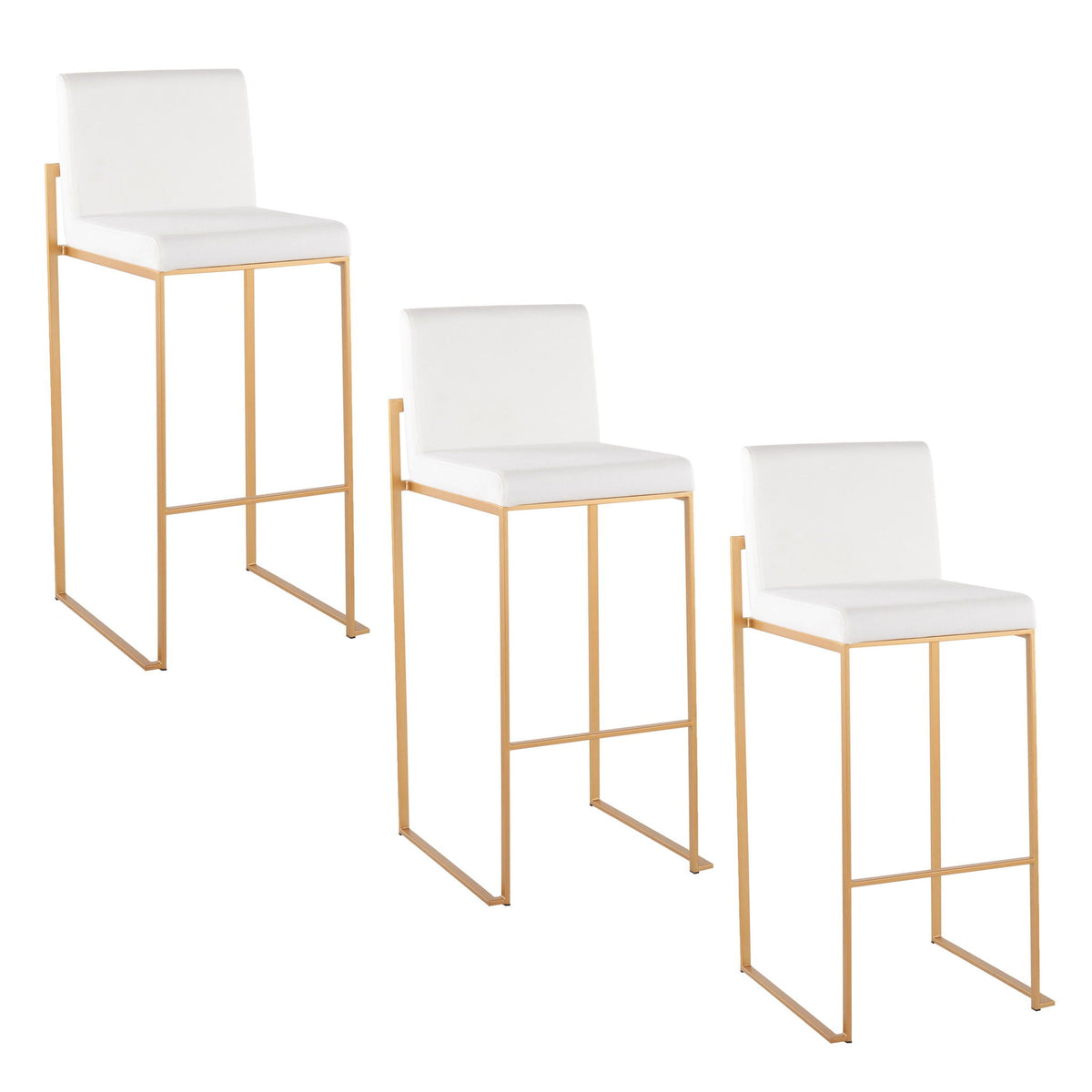 Contemporary high-back bar stool set with white upholstery and gold frames, 3 stools on Tampa Home & Garden Store